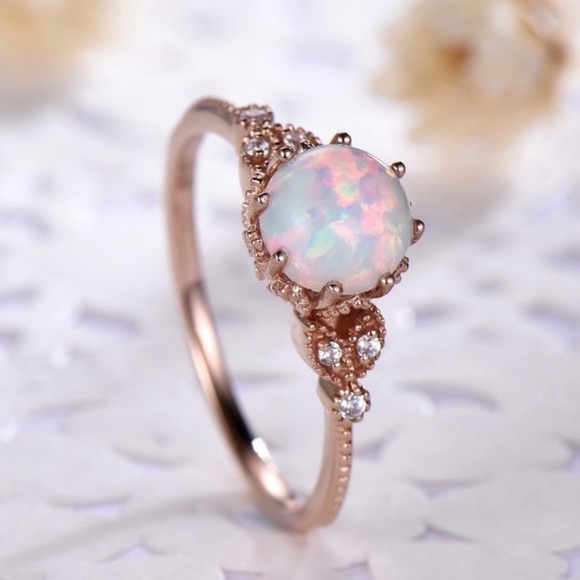 Jewelry - 14K Rose Gold Plated Adjustable Round Opal Ring for Women